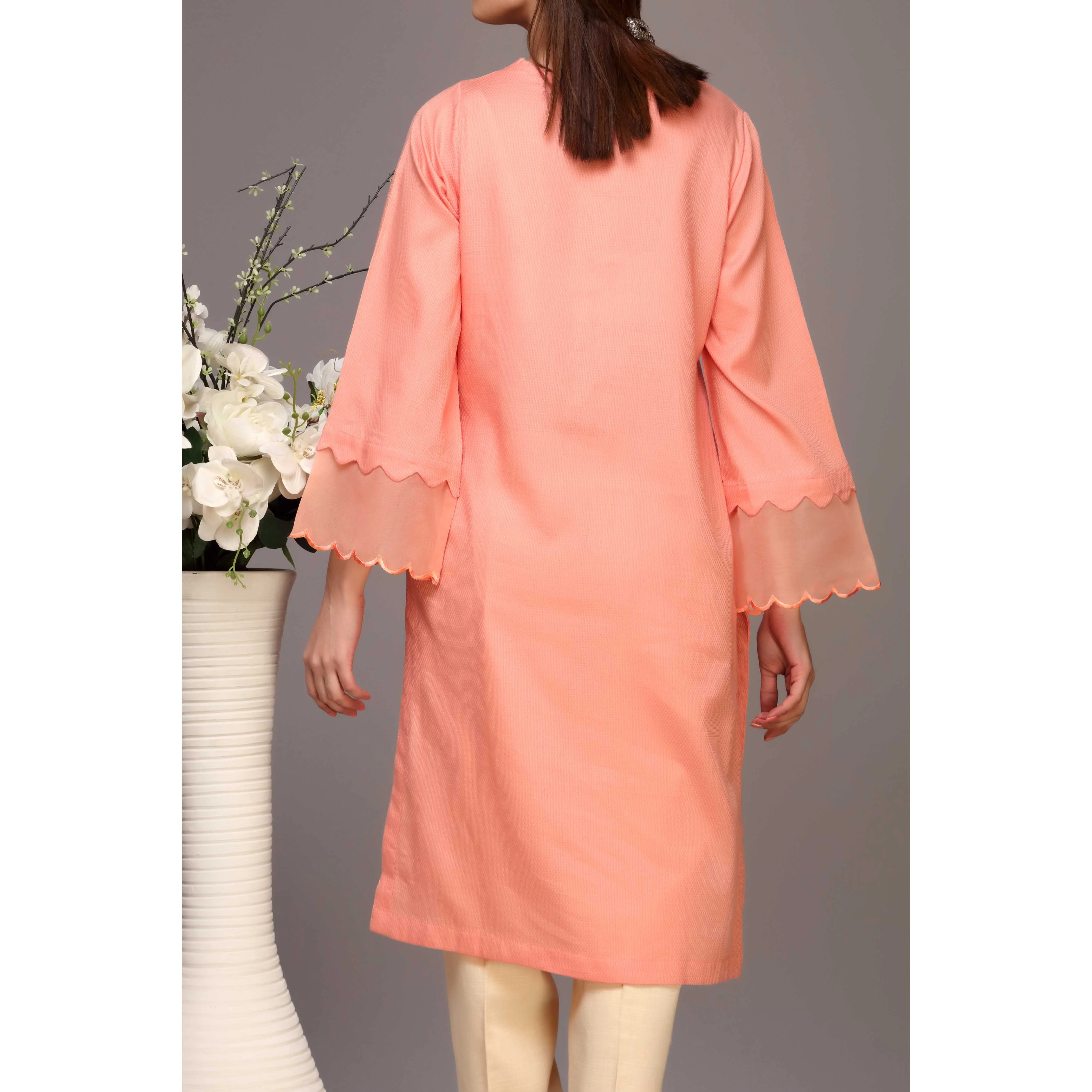 Peach Color Embellished Dobby Lawn Shirt PW1151 - Image 3