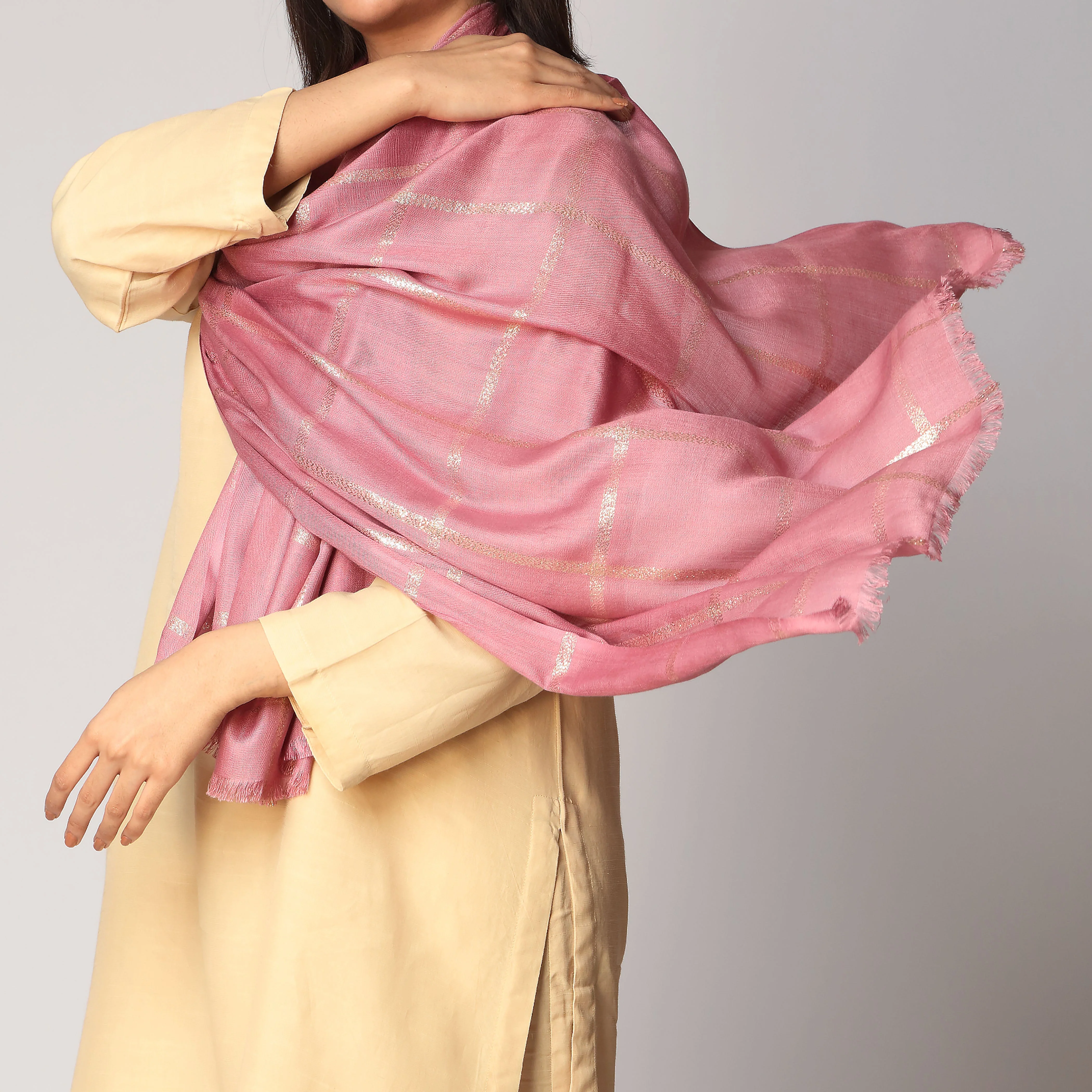 Pink Zari Checkered Stole PS3755 - Image 2