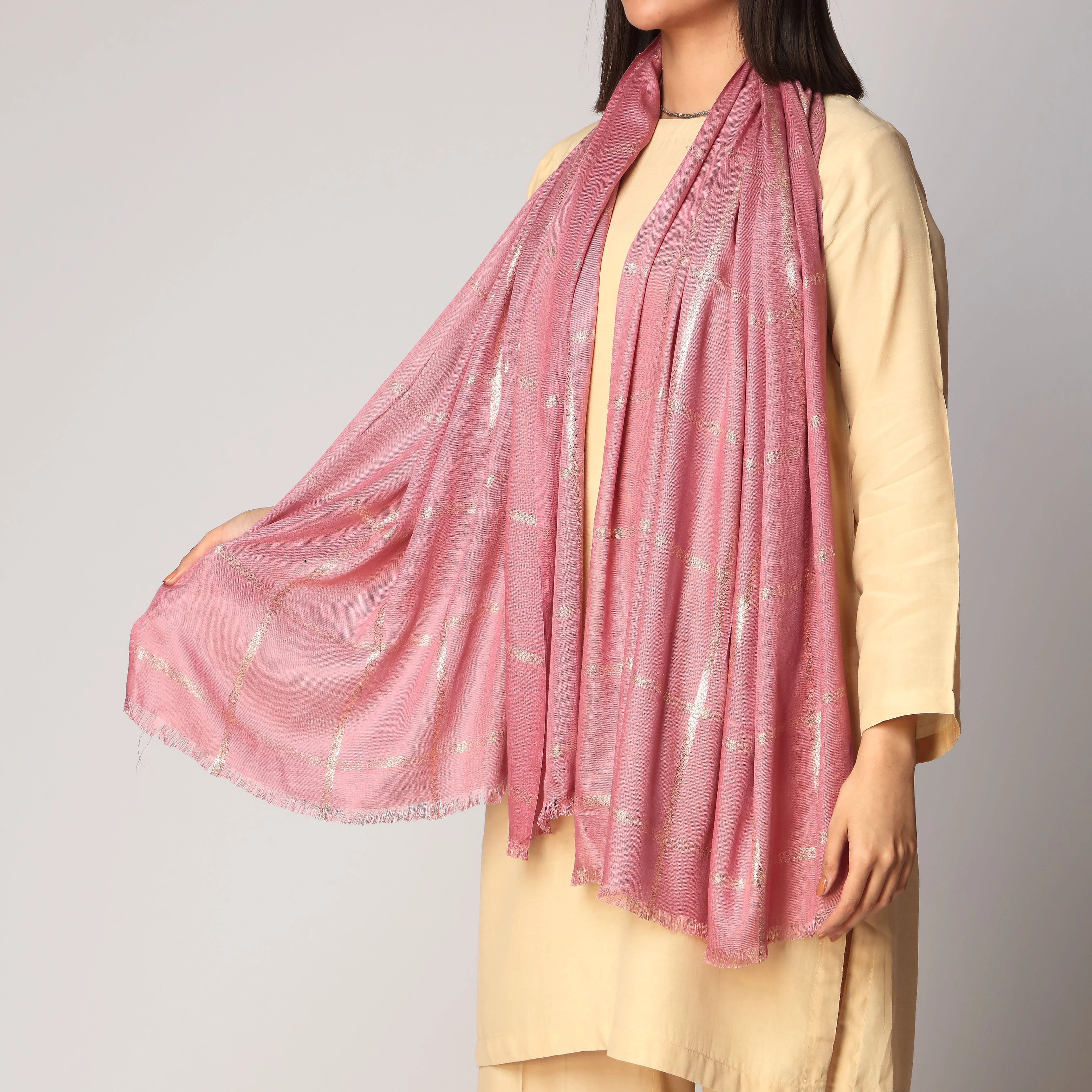 Pink Zari Checkered Stole PS3755 - Image 3