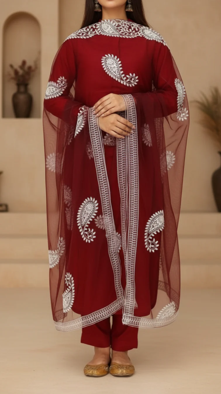 Red Embroidered Cotton Dupatta PD5491