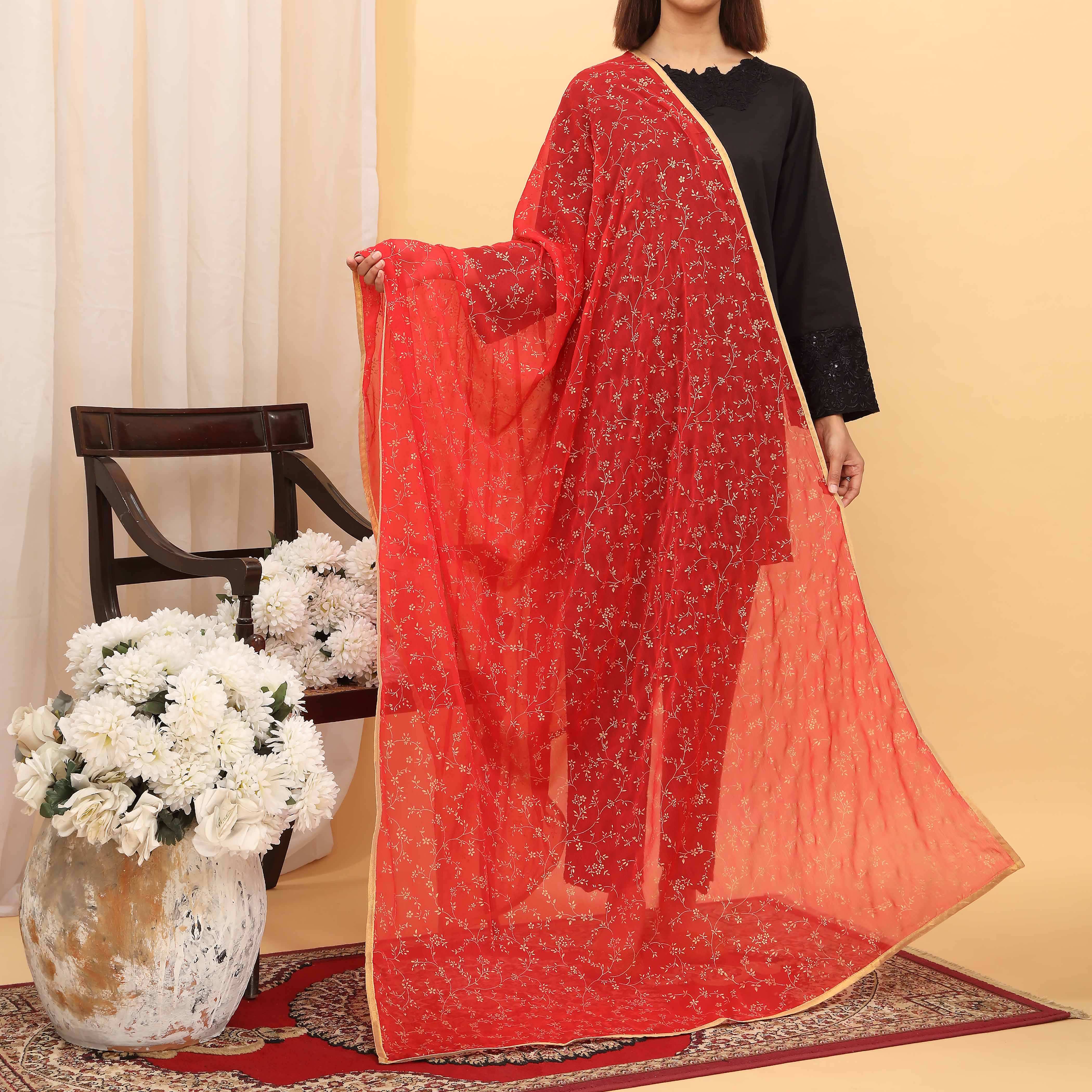 Red Screen Printed Chiffon Dupatta PD5394 - Image 2