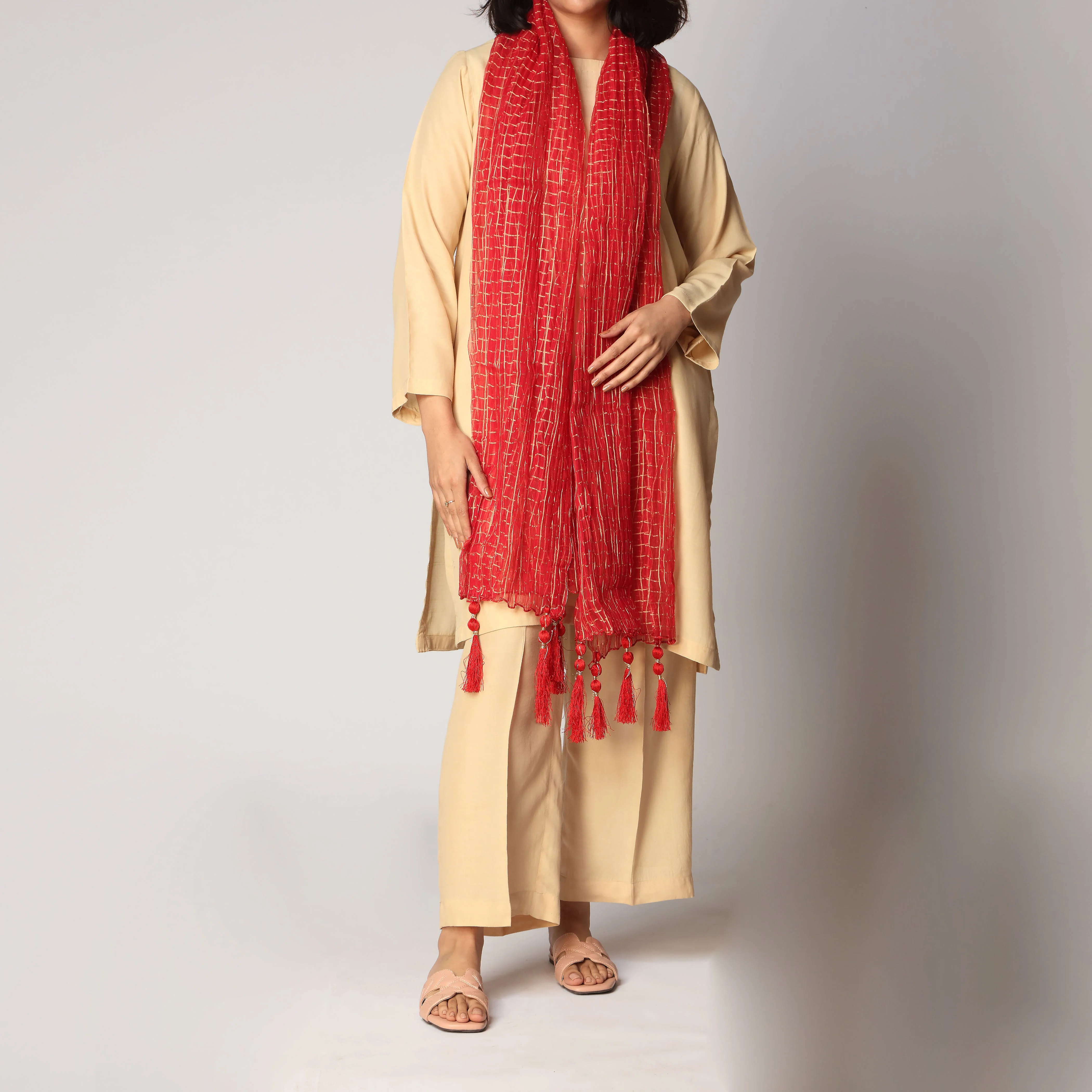 Red Zari Checkered Stole PS3762 - Image 2