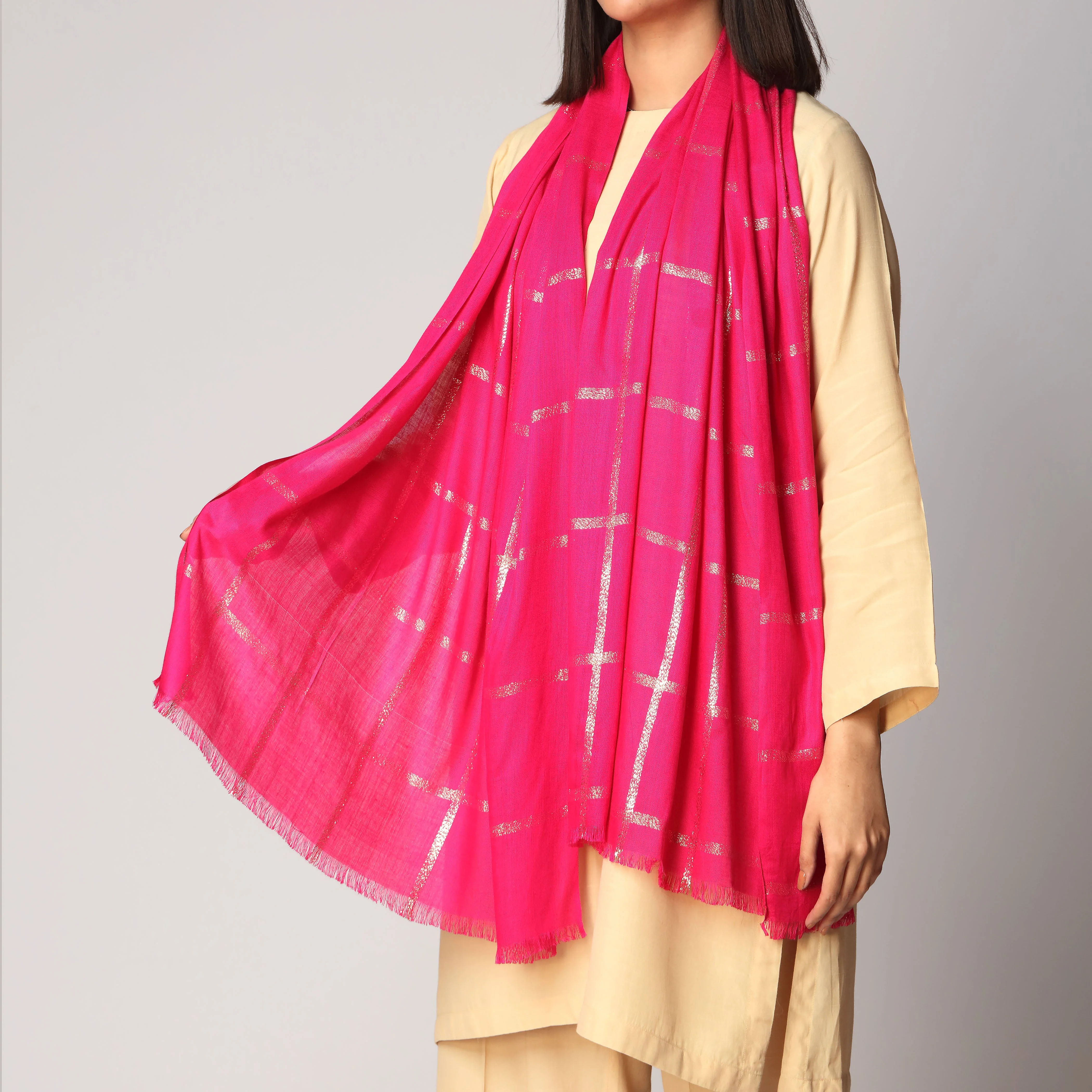 S.Pink Zari Checkered Stole PS3755 - Image 2