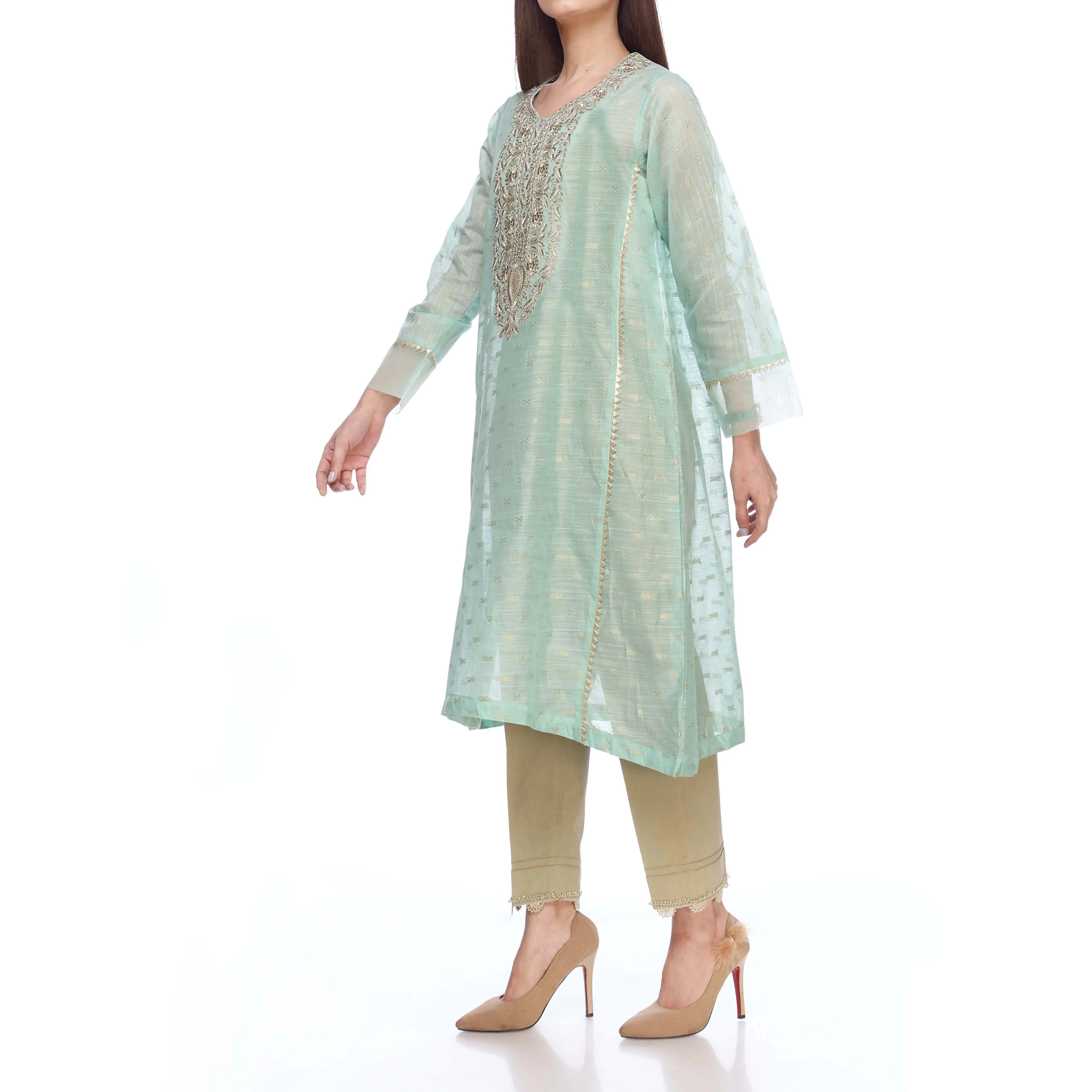 Seagreen Color Embellished Cotton Zari Shirt PS2245 - Image 2