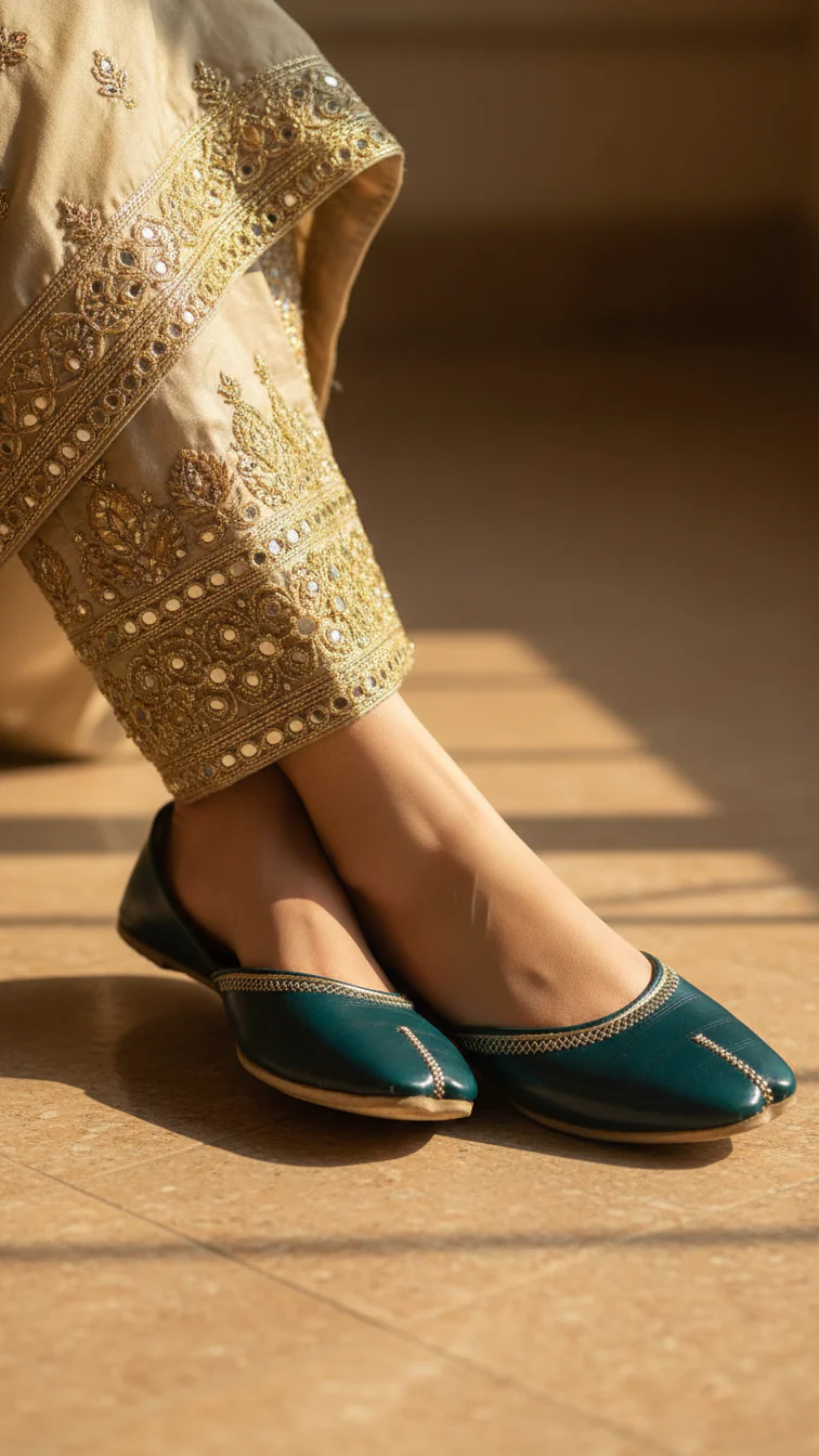 Seagreen Leather Khussa For Women EC8673