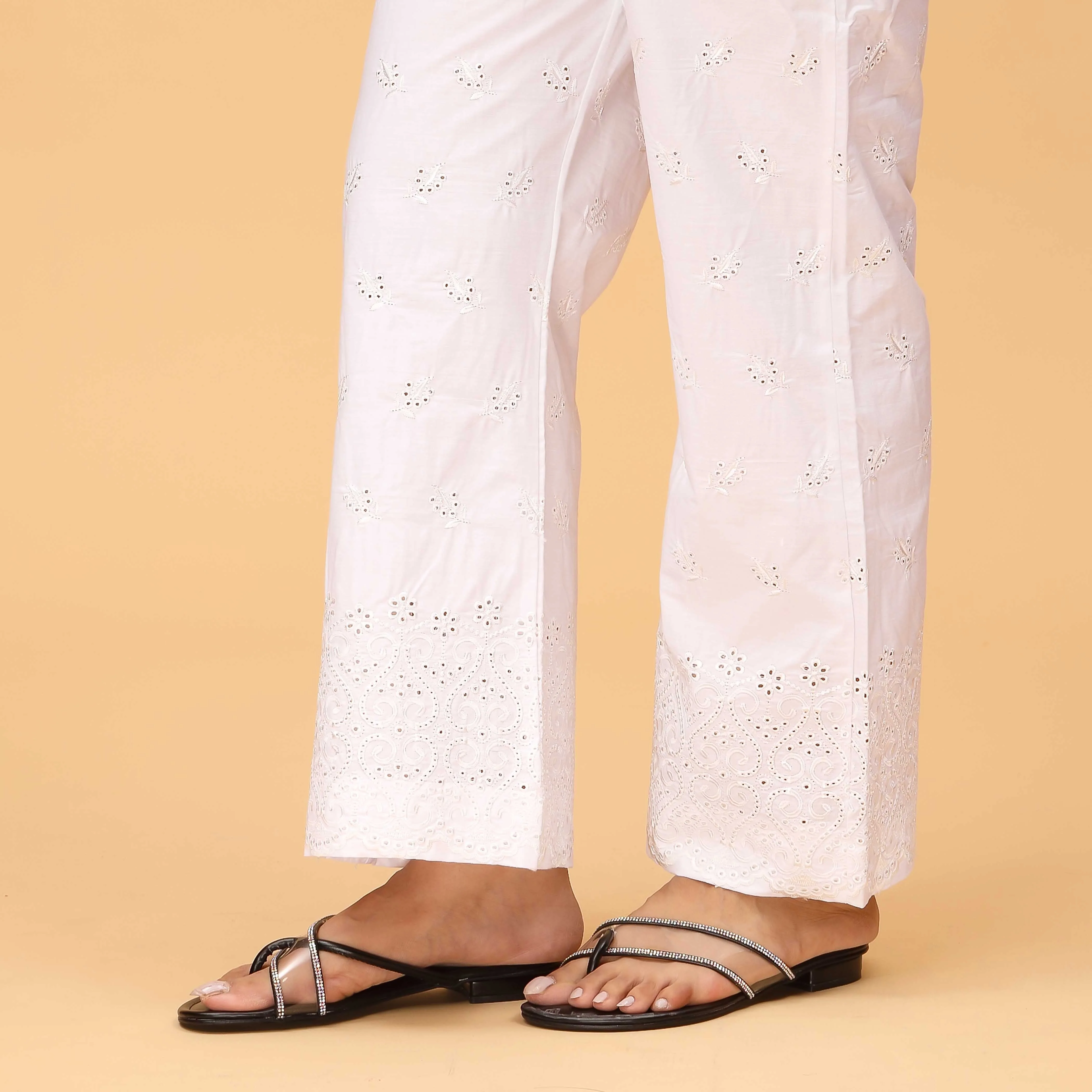 White Bell Bottom Embellished Cambric Trouser PS4557 - Image 2