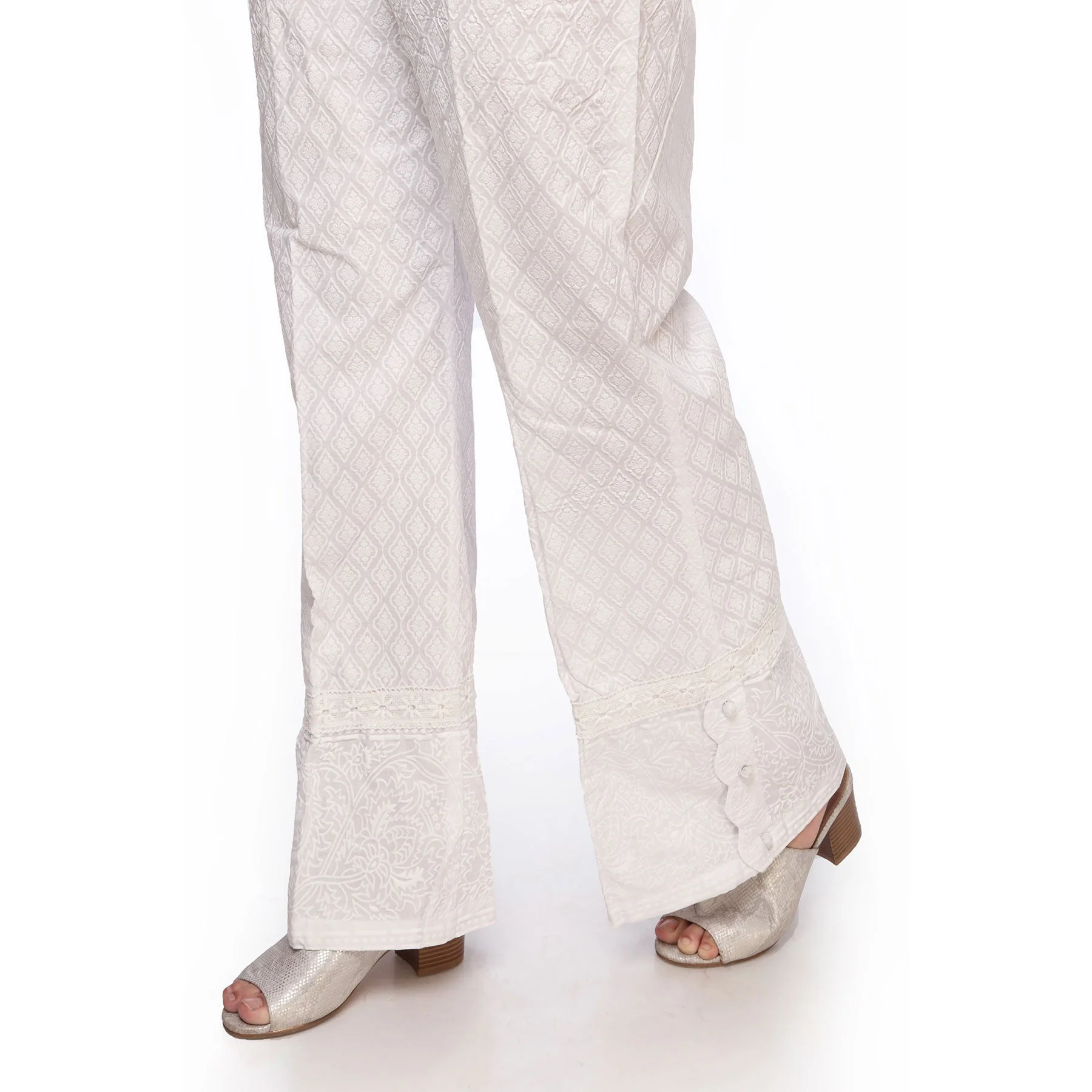 White Color Straight Fit Printed Cambric Trousers PS2550 - Image 3