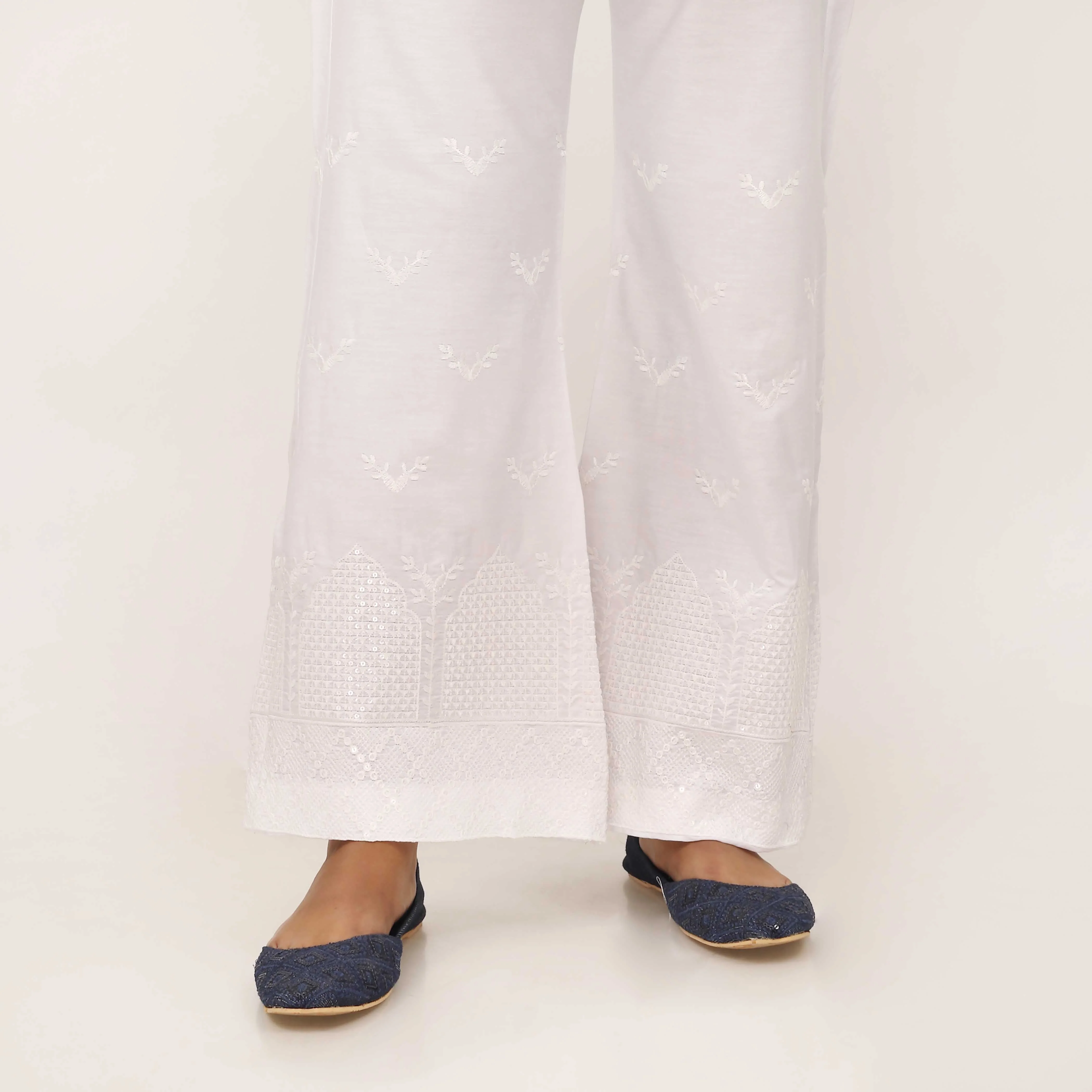 White Cotton Cambric Trouser with Embroidery PL5087 - Image 2