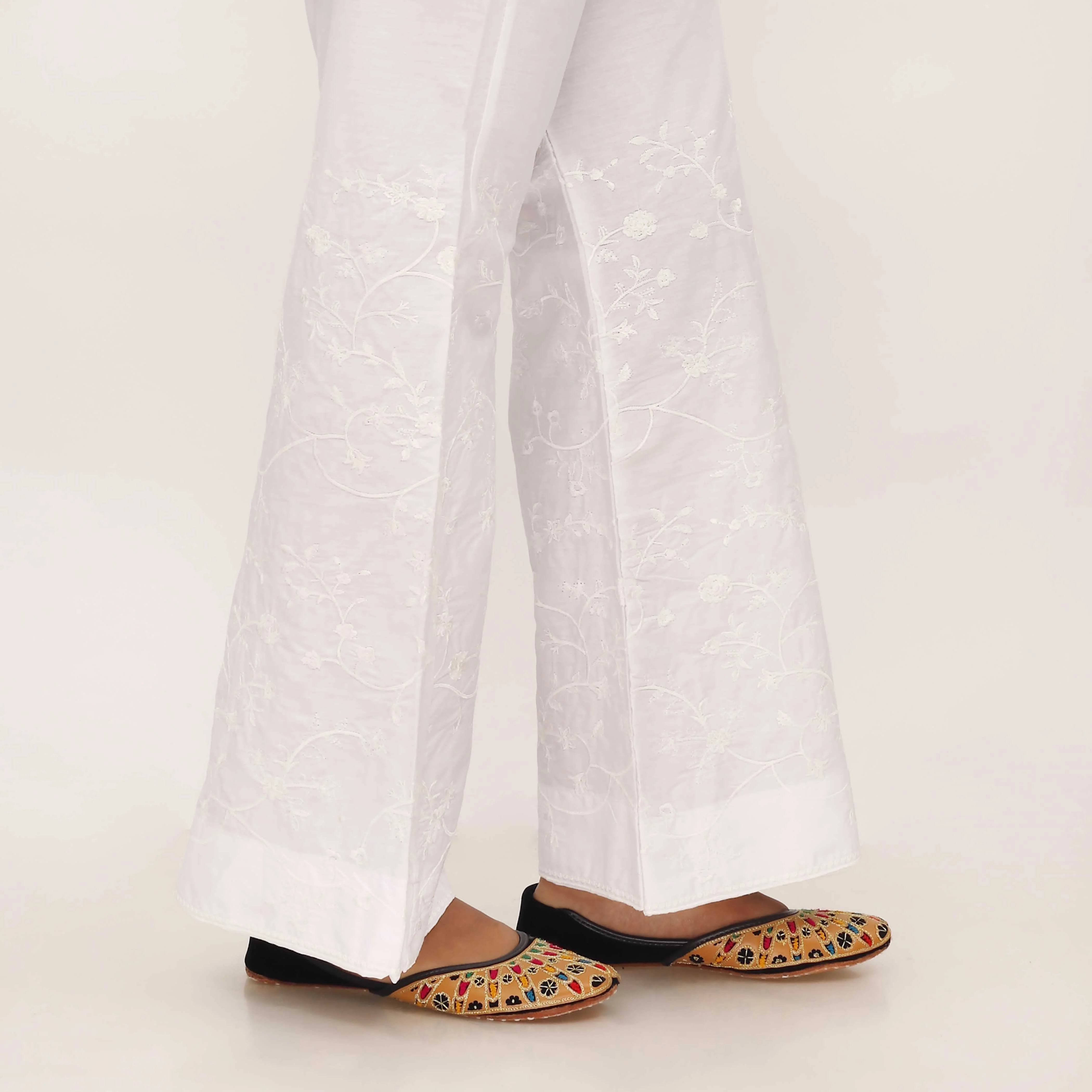 White Cotton Cambric Trouser with Embroidery PL5090 - Image 3