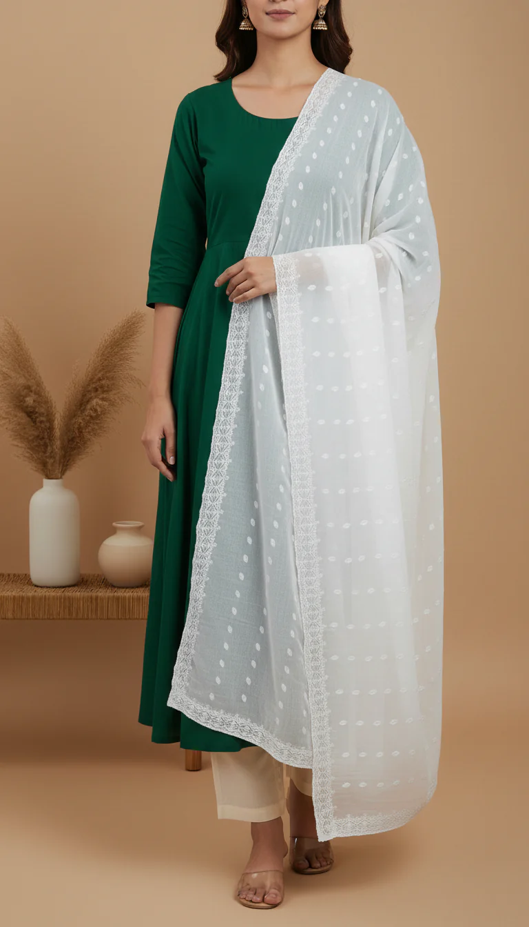 White Embellished Chiffon Dupatta PD6076 - Image 2