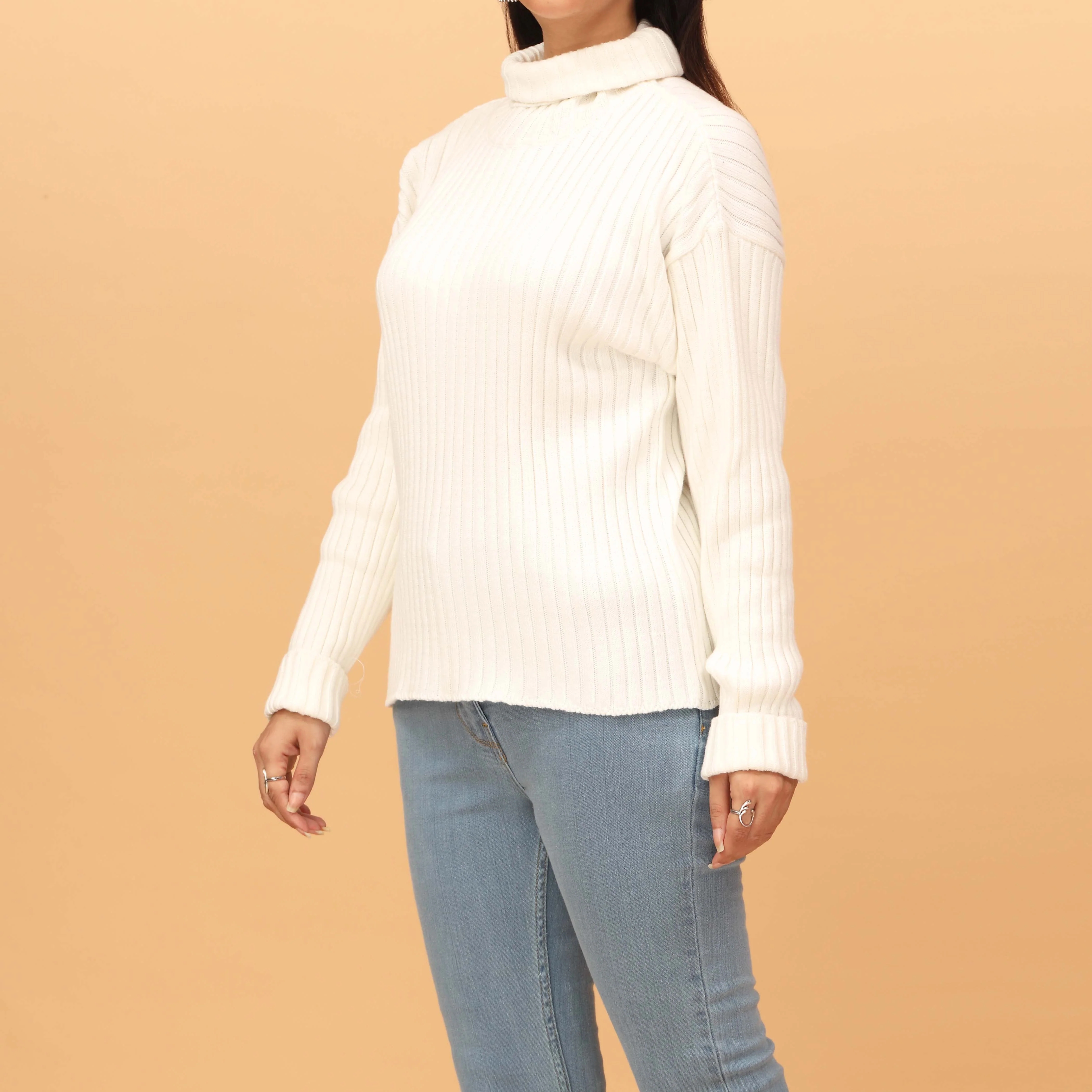 White Plain Knitted High Neck Sweater PW4838 - Image 2