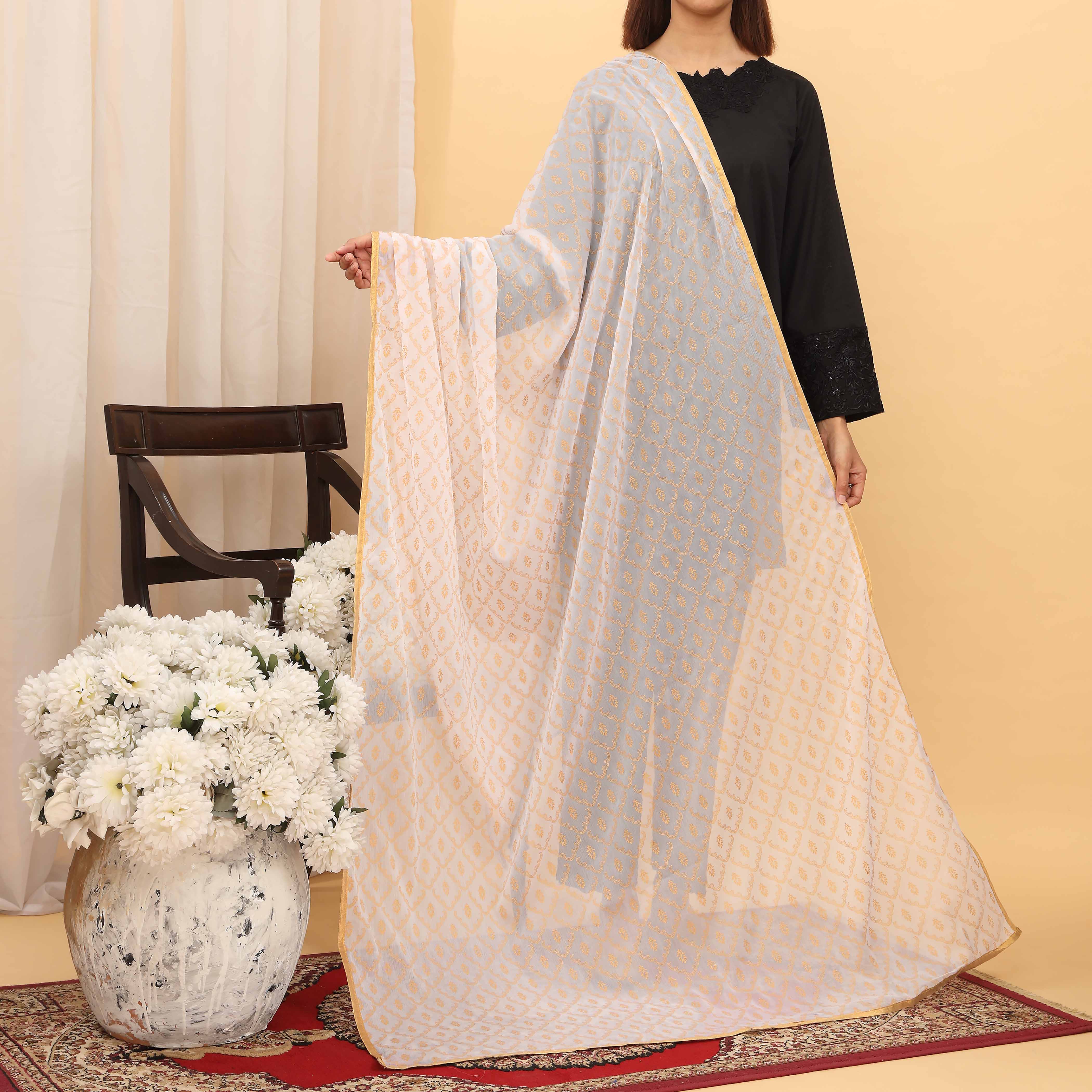 White Screen Printed Chiffon Dupatta PD5388 - Image 2