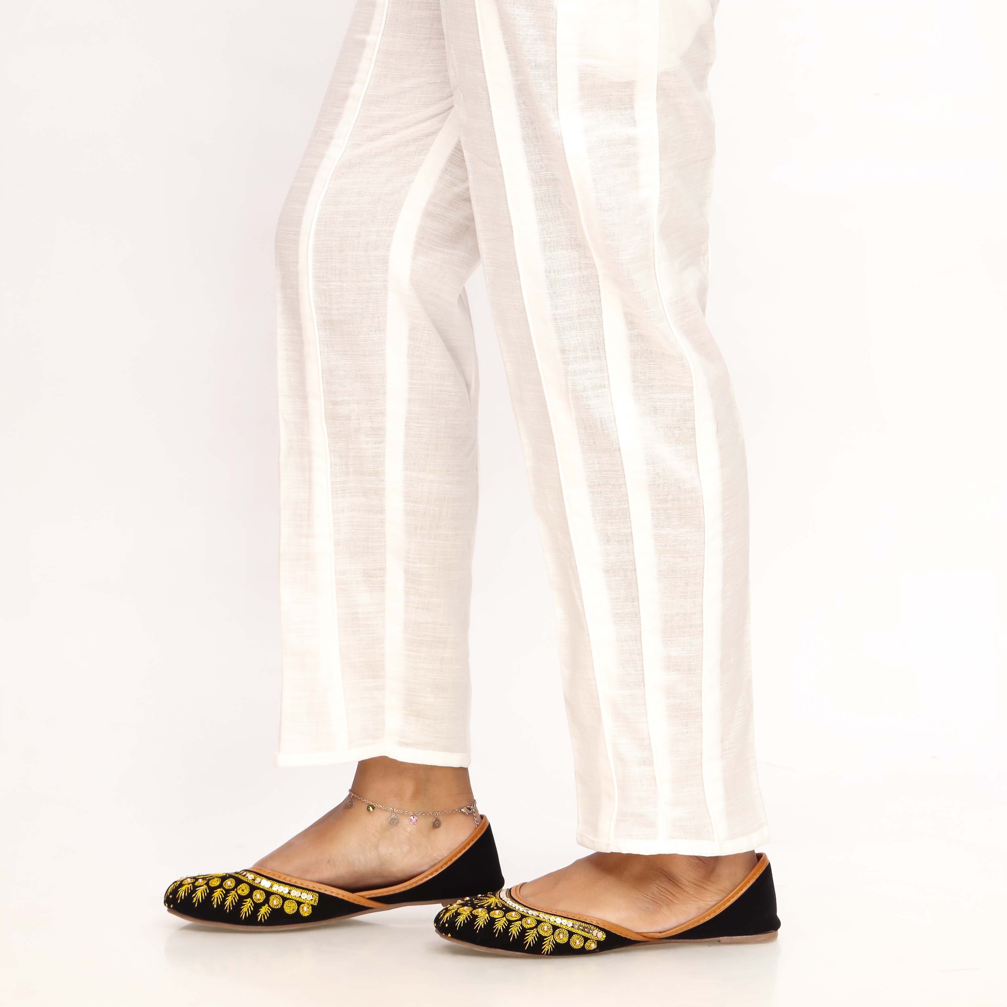 White Straight Fit Khaddar Embellished Trouser PW4502 - Image 2