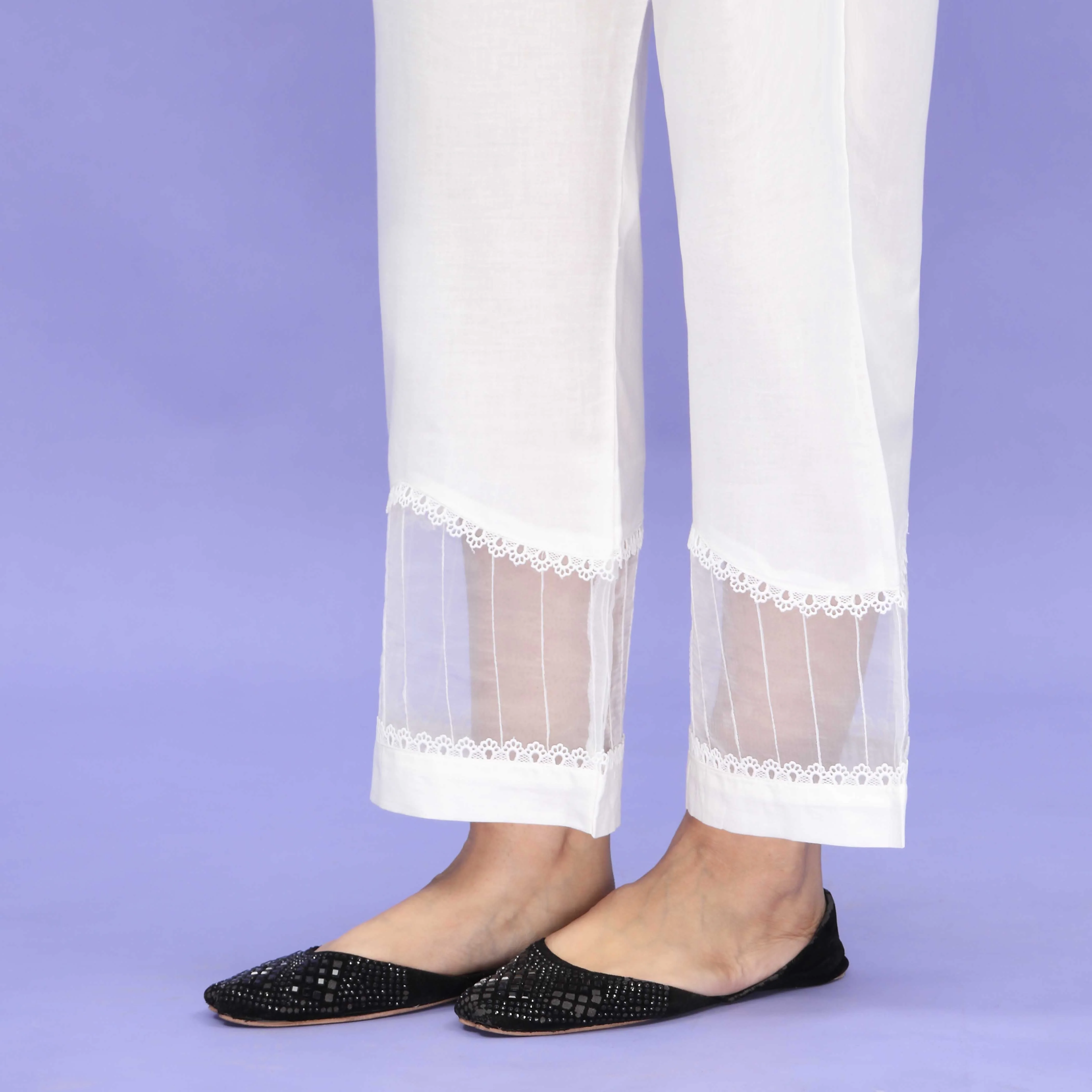 White Striaght Fit Embellished Cambric Trouser PL4089 - Image 2