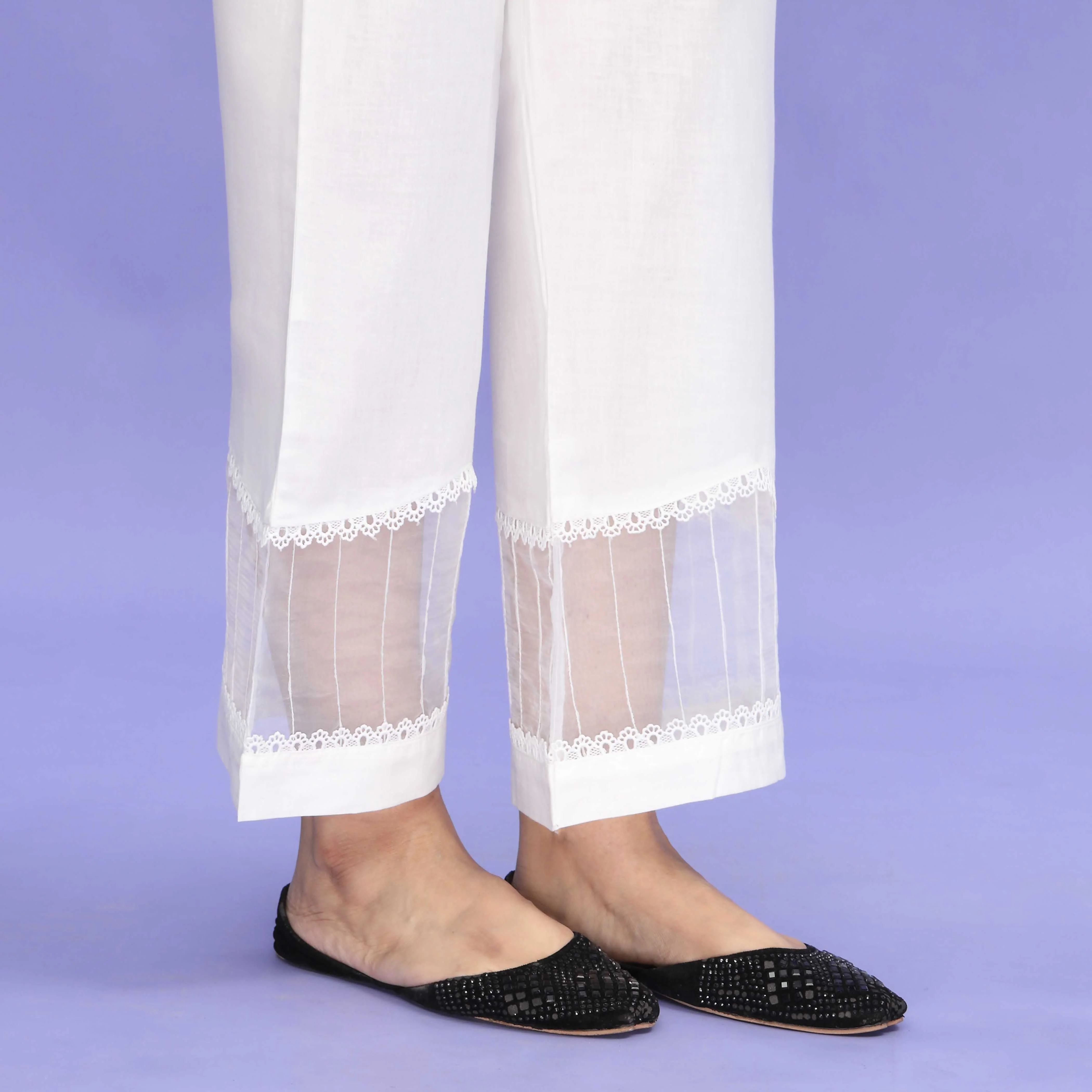 White Striaght Fit Embellished Cambric Trouser PL4089 - Image 3