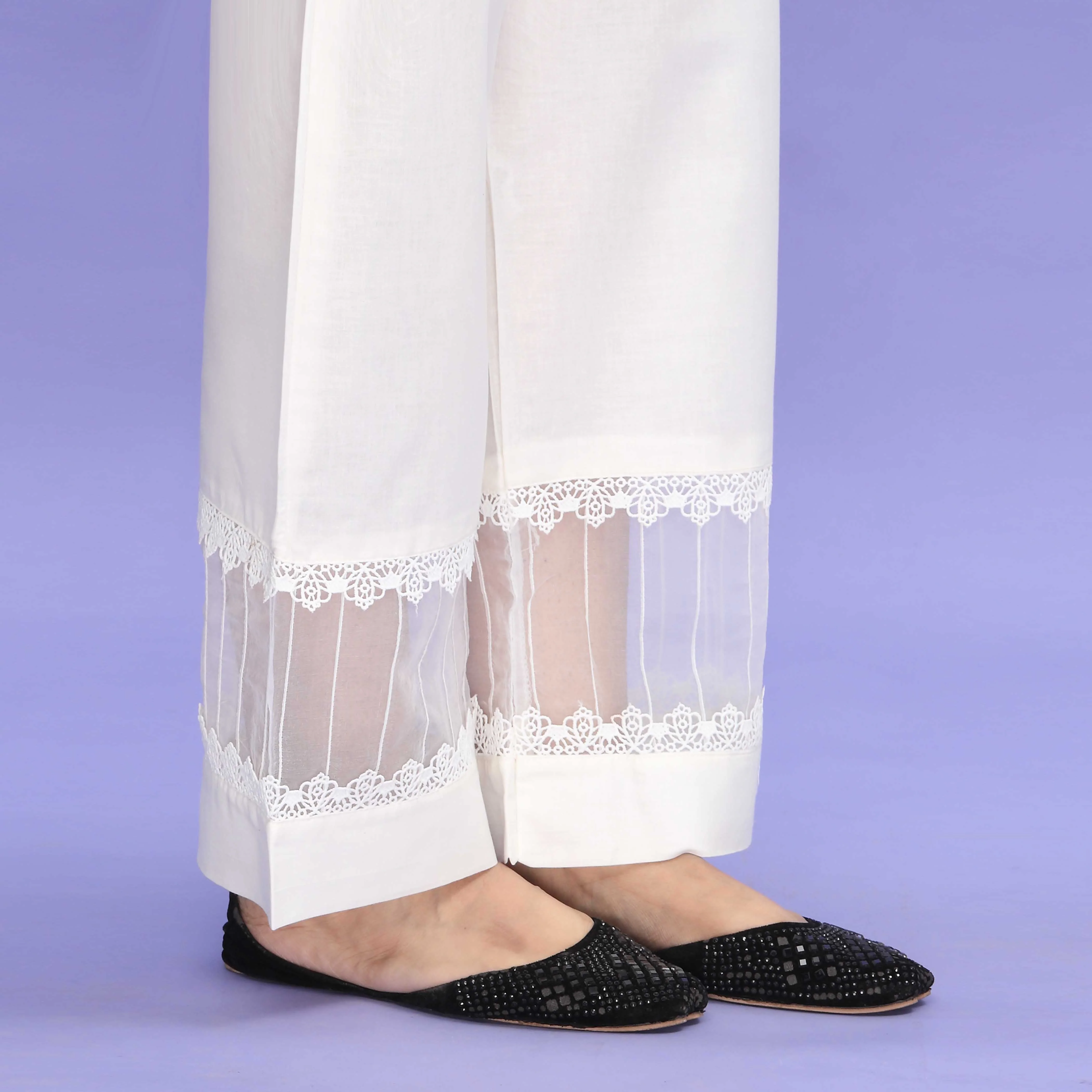 White Striaght Fit Embellished Cambric Trouser PL4093 - Image 3