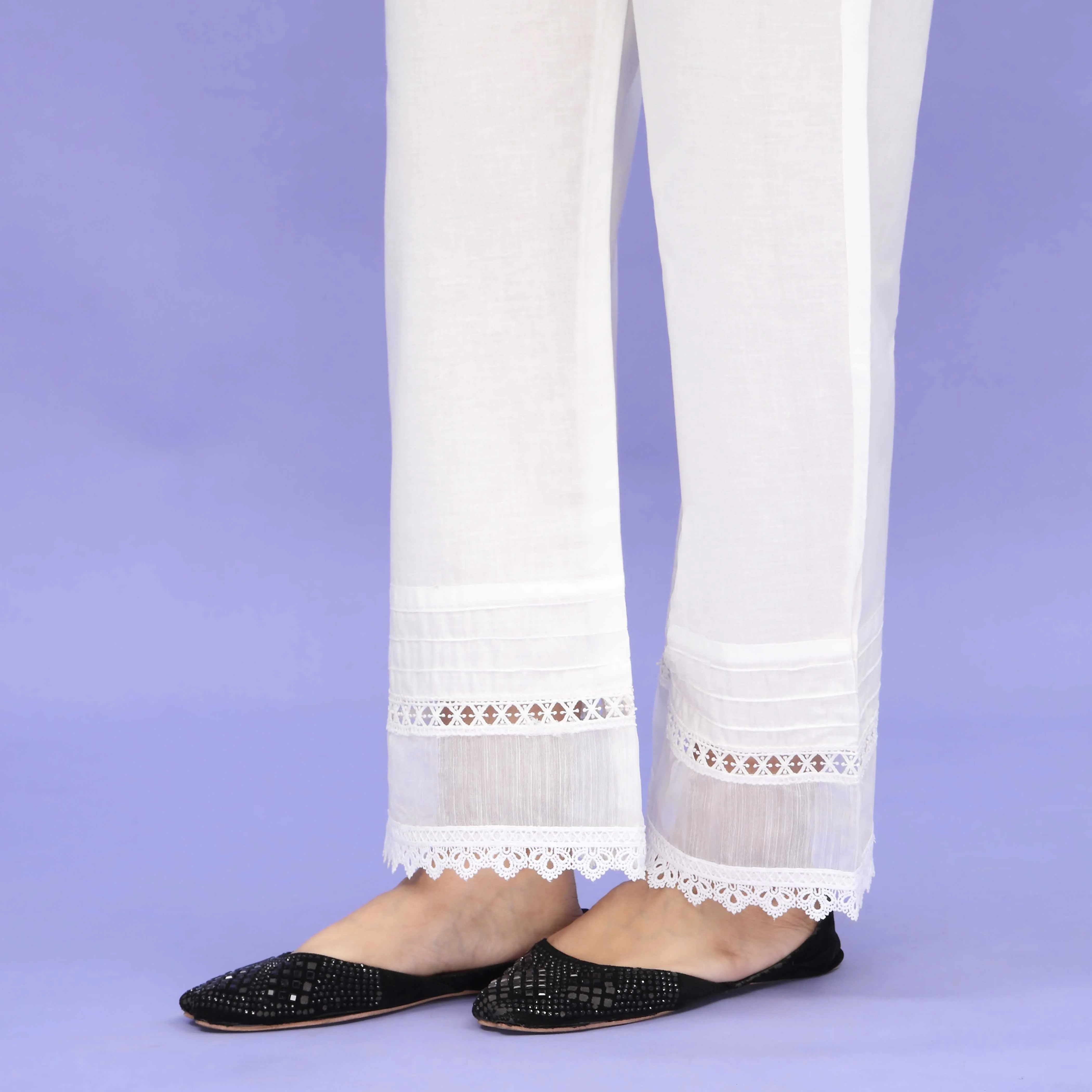 White Striaght Fit Embellished Cambric Trouser PL4097 - Image 3