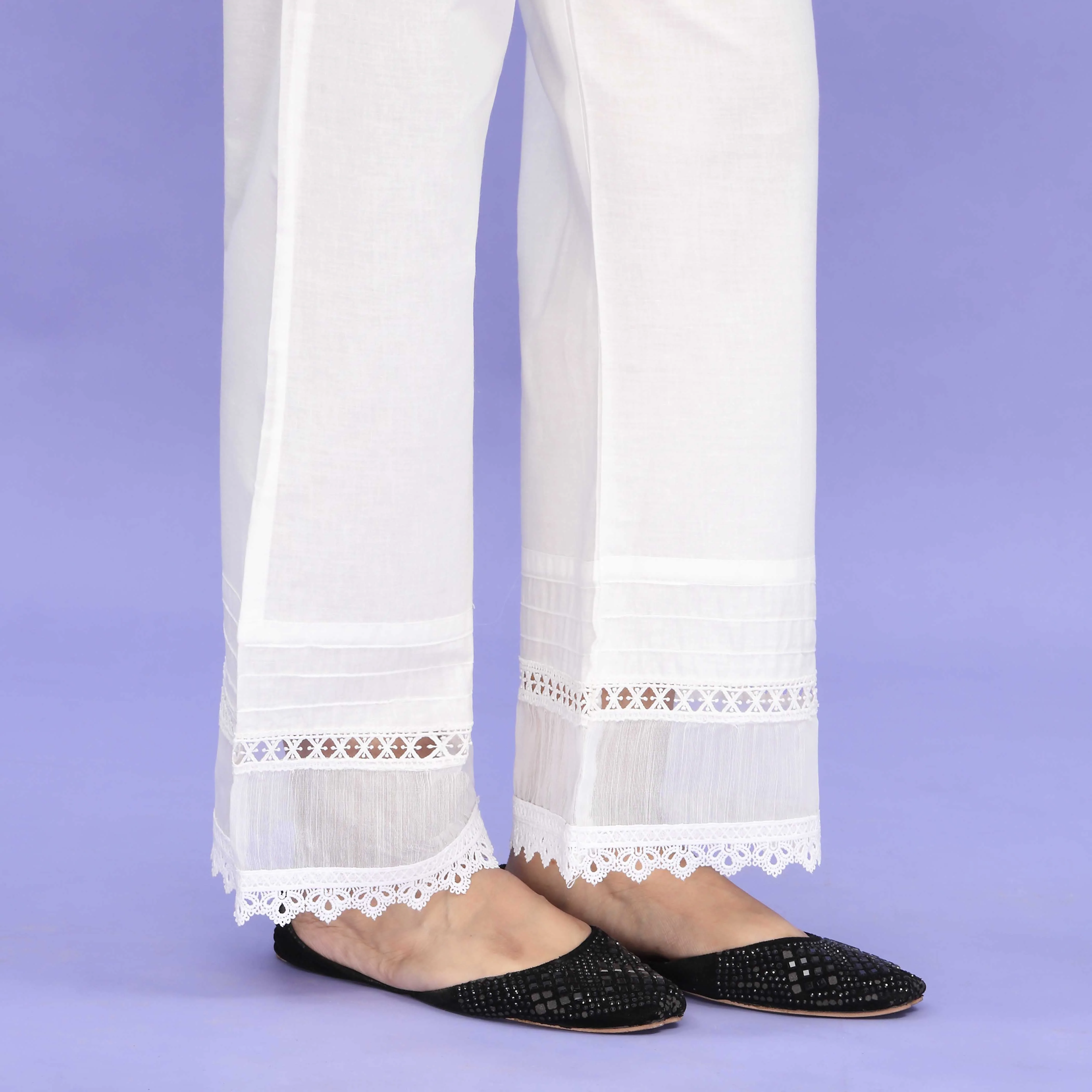 White Striaght Fit Embellished Cambric Trouser PL4097 - Image 4