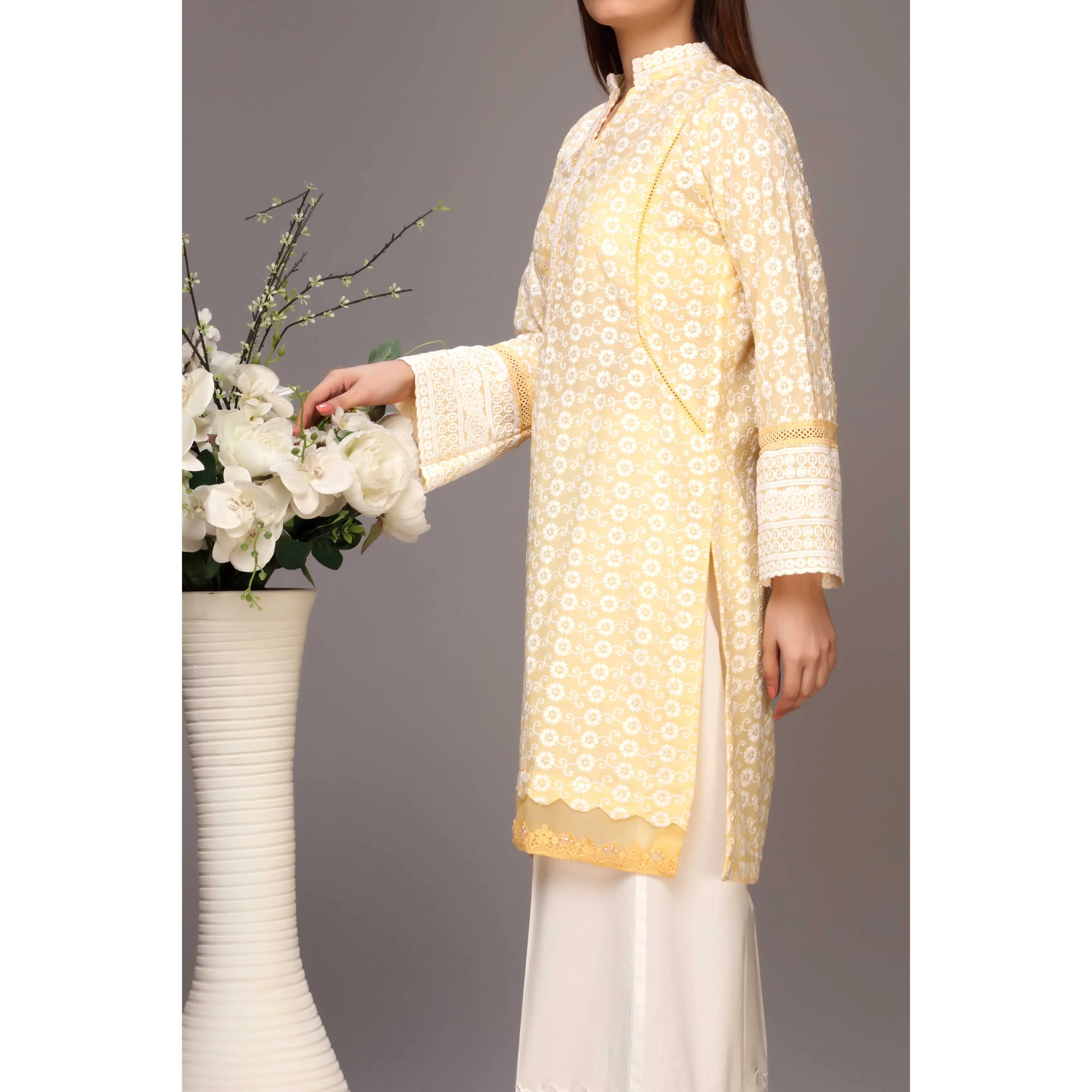 Yellow Color ChikanKari Embellished Shirt PS2125 - Image 2